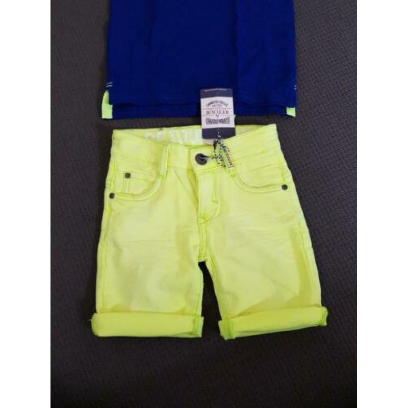 Retour short korte broek neongeel en polo maat 122