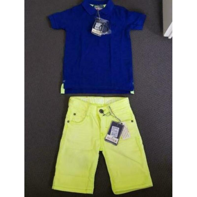 Retour short korte broek neongeel en polo maat 122