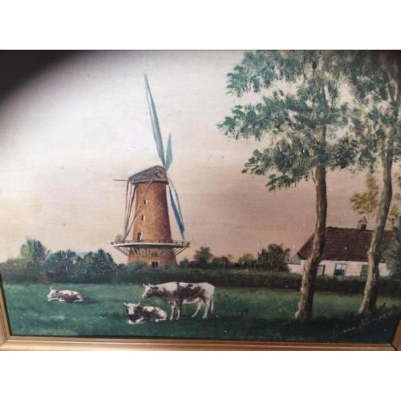 Schilderij L van Kampen koeien en molen