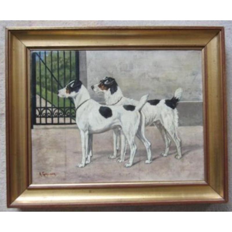 =gesigneerd GREINER === twee honden houden wacht==ca 1900==