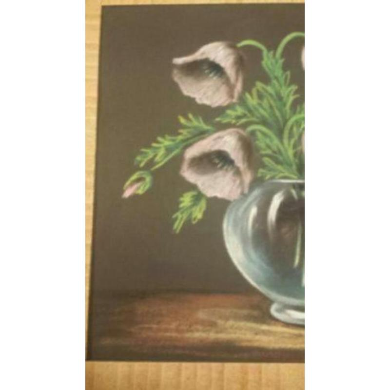 pastel tekening van vaas met anemonen oude lijst