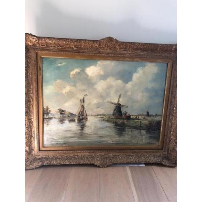 Schilderij waterschap met molen