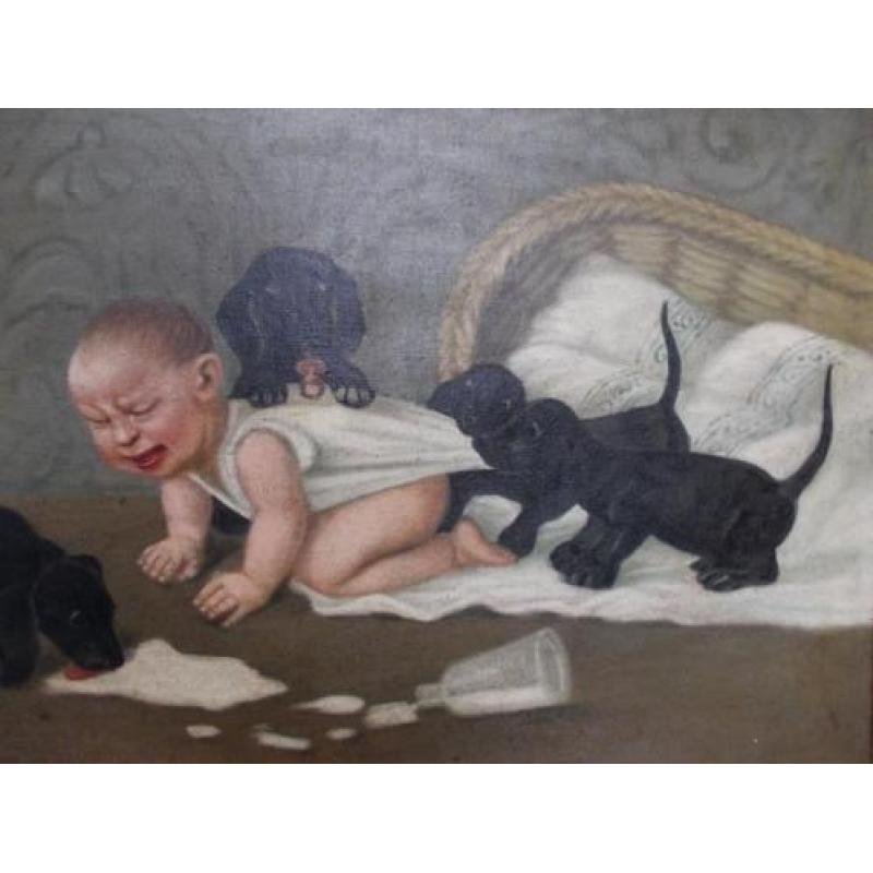 =humoristisch schilderij===ca 1840==hondjes plagen de baby==