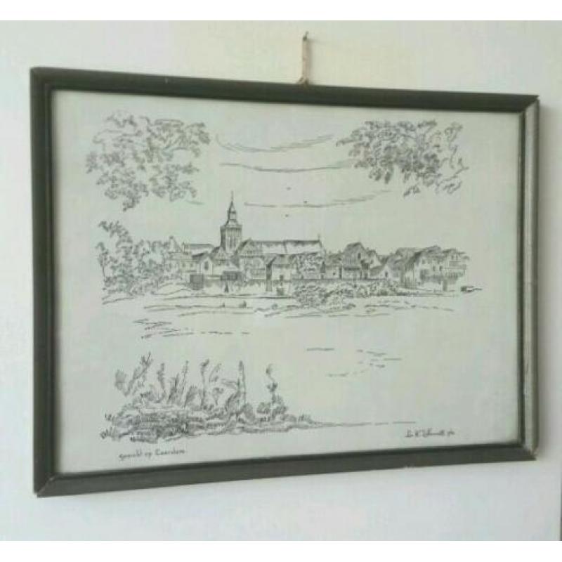 Tekening Leo K. Zeldenrust, gezicht op Leerdam 1940