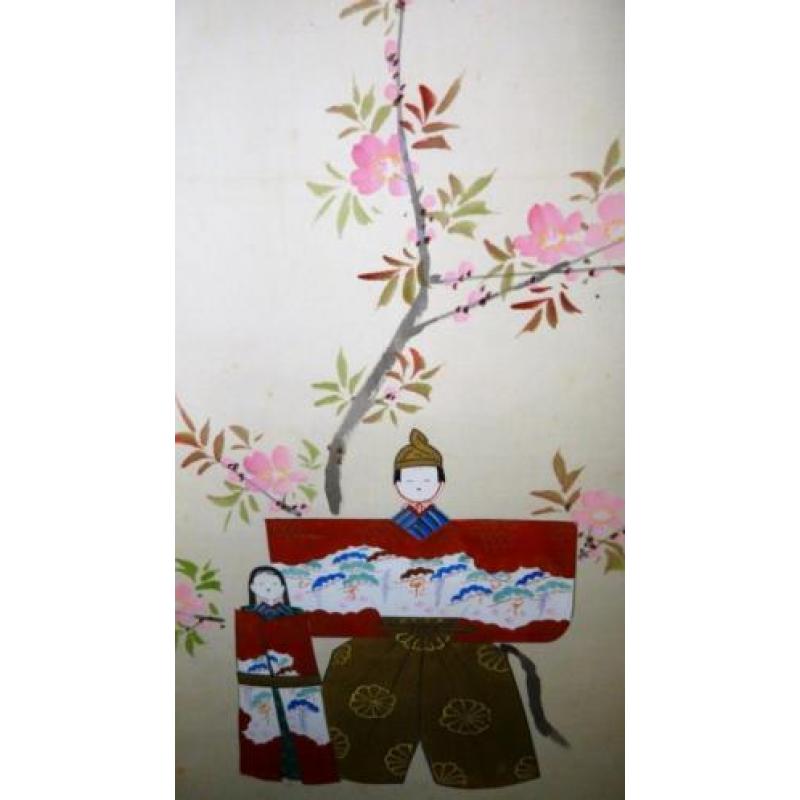 Hina dolls & Sakura op scroll, handgeschilderd, 1960's