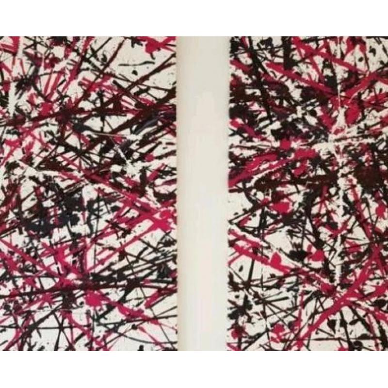 Mooi abstract schilderij, 2 luik in roze en paars tinten