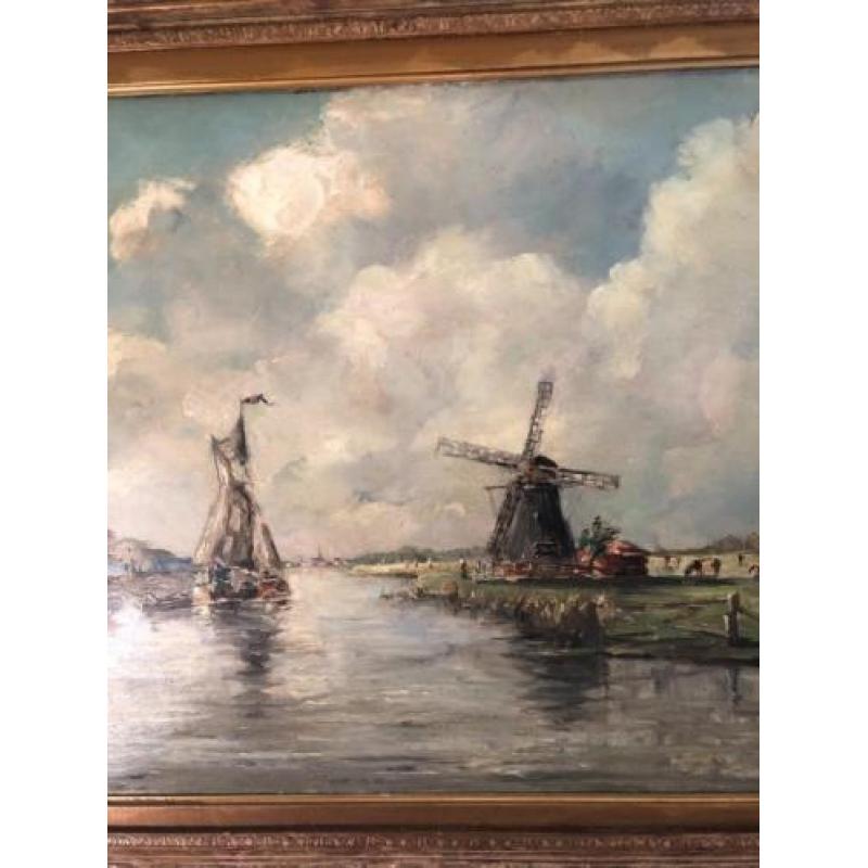 Schilderij waterschap met molen