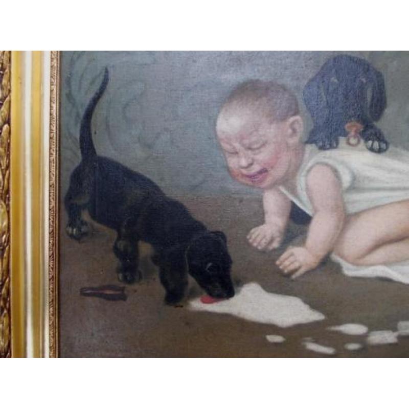 =humoristisch schilderij===ca 1840==hondjes plagen de baby==